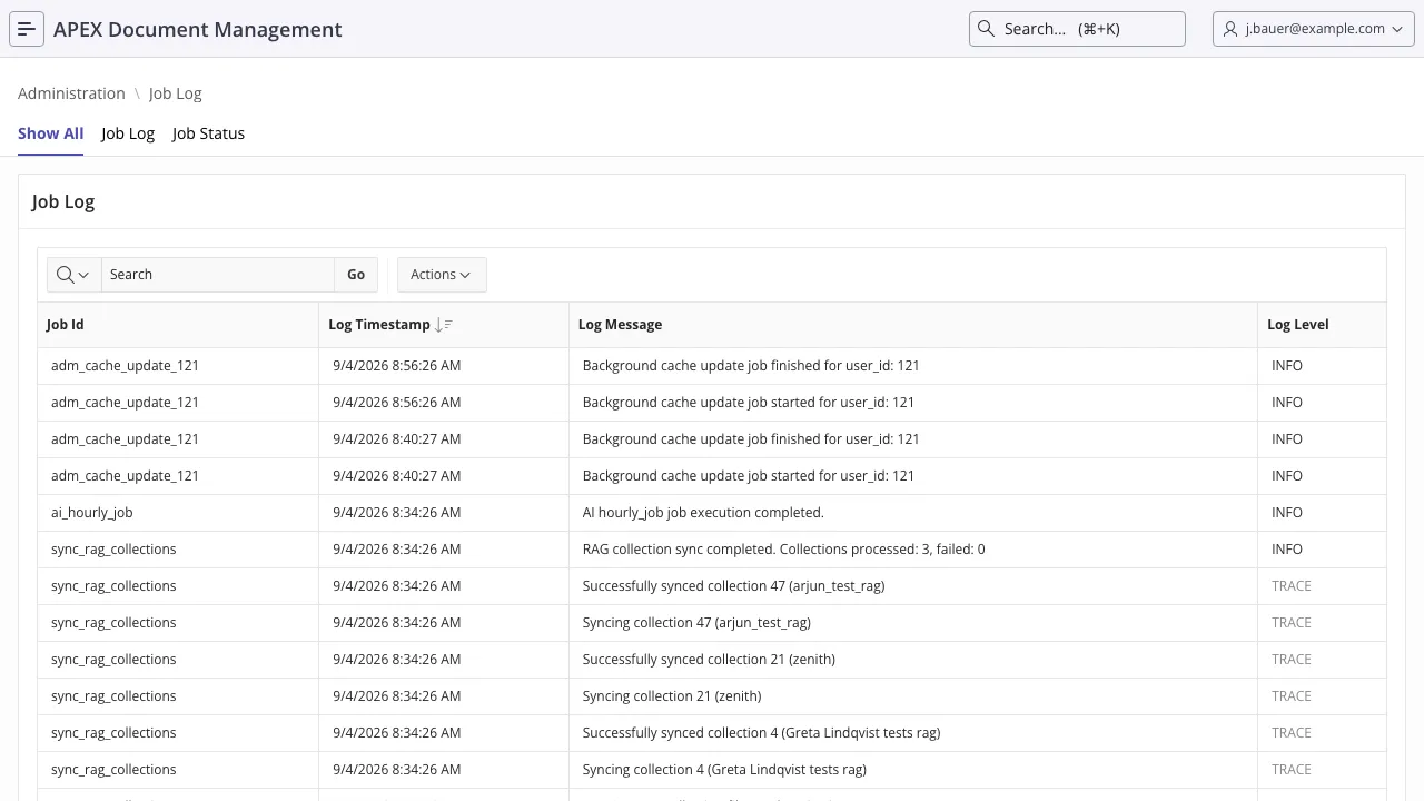 The job log, with each task's last run and log level