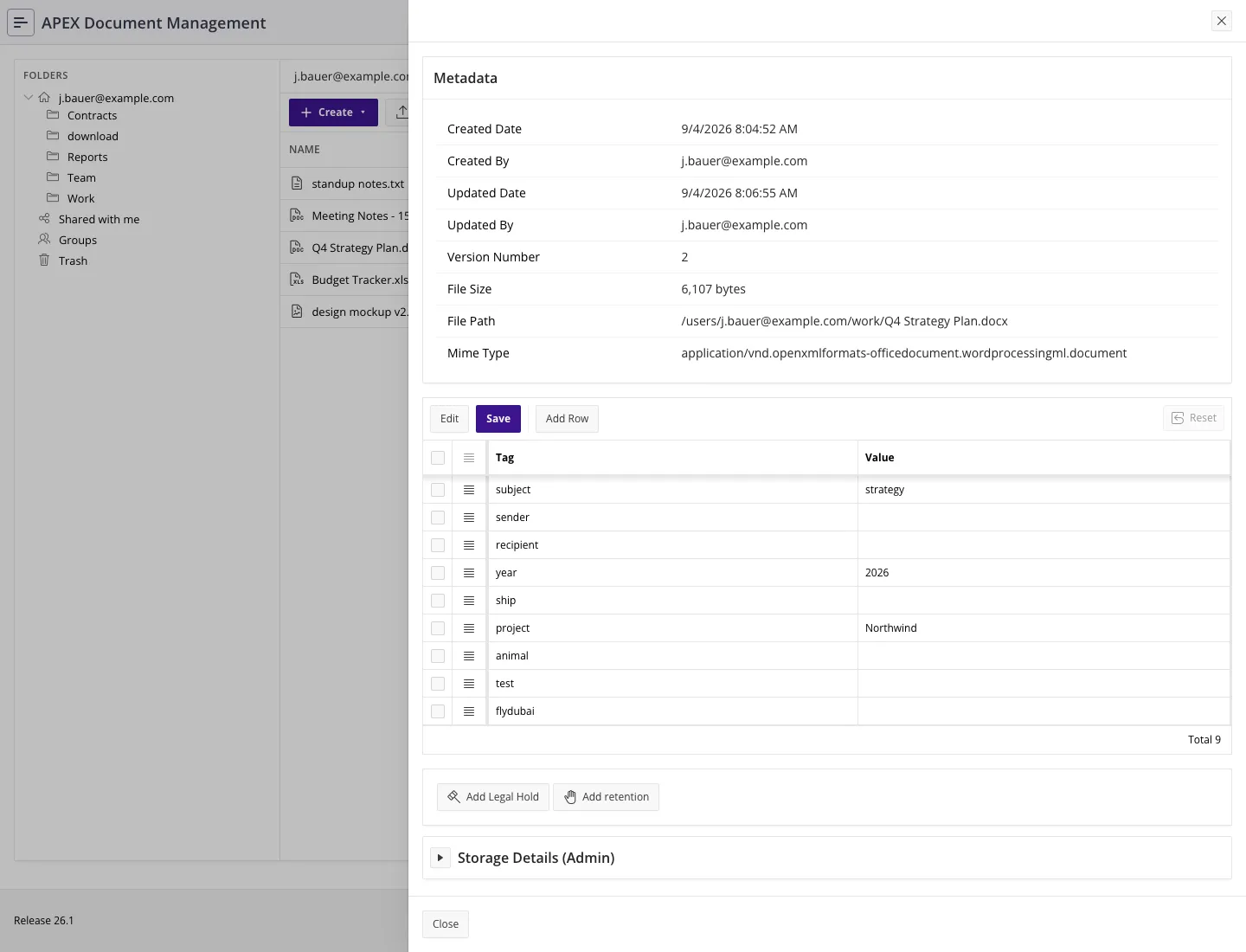 The file details panel, with the document's metadata and tags