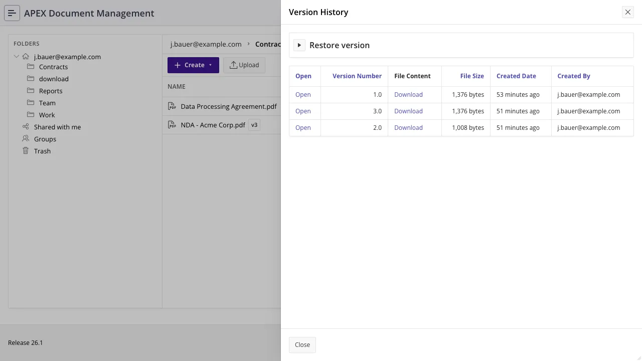 Version history, listing each version with its size and author